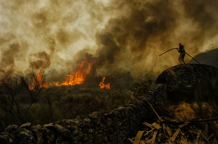 Un bombero tratando de apagar uno de los incendios más desvastadores que ha sufrido Extremadura, el de Valencia de Alcántara.