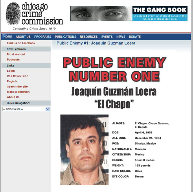 Captura fotográfica de la página digital de la Comisión del Crimen de Chicago que muestra al ‘Chapo’ Guzmán como el nuevo ‘enemigo público número 1’