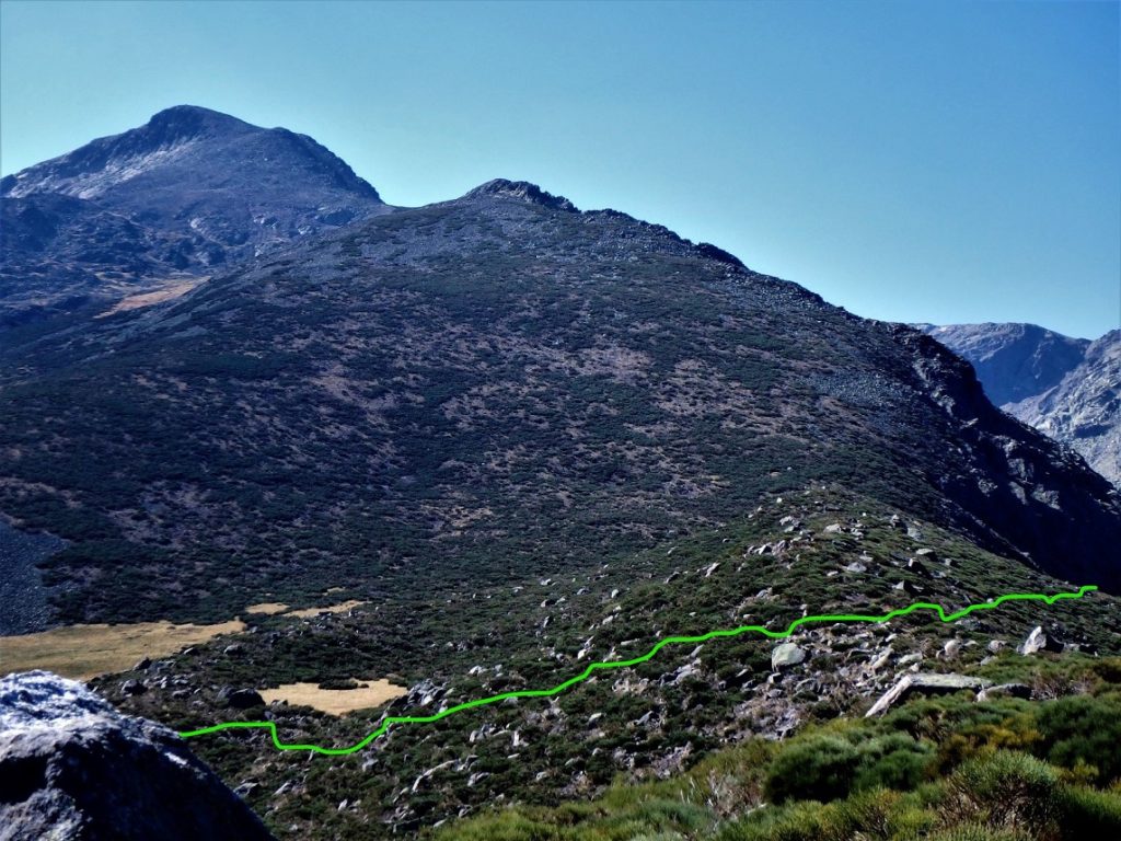 Cuerda del Cervunal, en verde el proveniente de la garganta del Pinar cruza esta cuerda para ir hasta el refugio.
